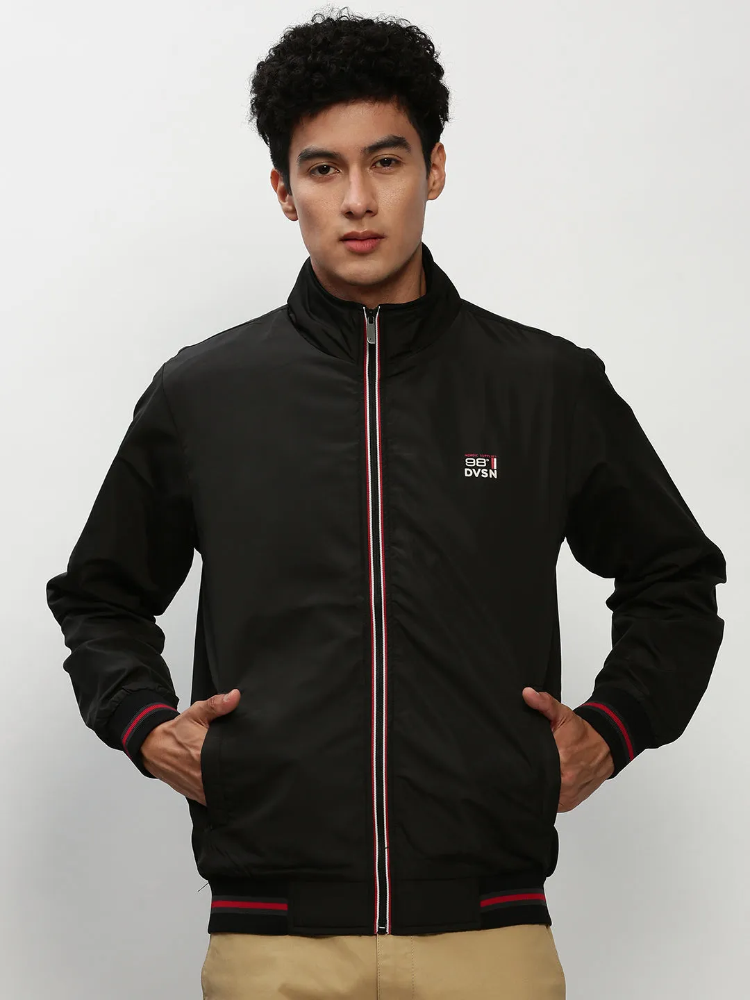 Flexible Joint Mobility Lightweight Fabric Men's Black Solid Casual Bomber Jackets