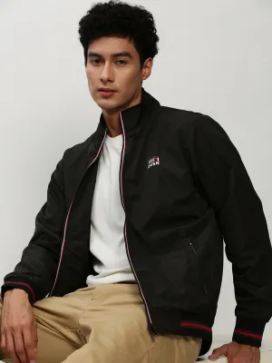 Men's Black Solid Casual Bomber Jackets Sleek Layers Double Layered