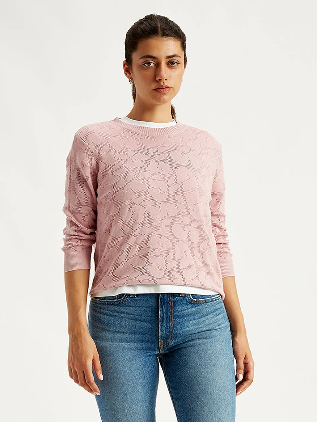 Women's Self Design Light Pink Crew Neck Sweater Tagless Labeling Reinforced Neckline Stitching