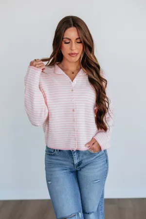 Zoelle Striped Cardigan - Baby Pink Mix Textured Slub Yarn