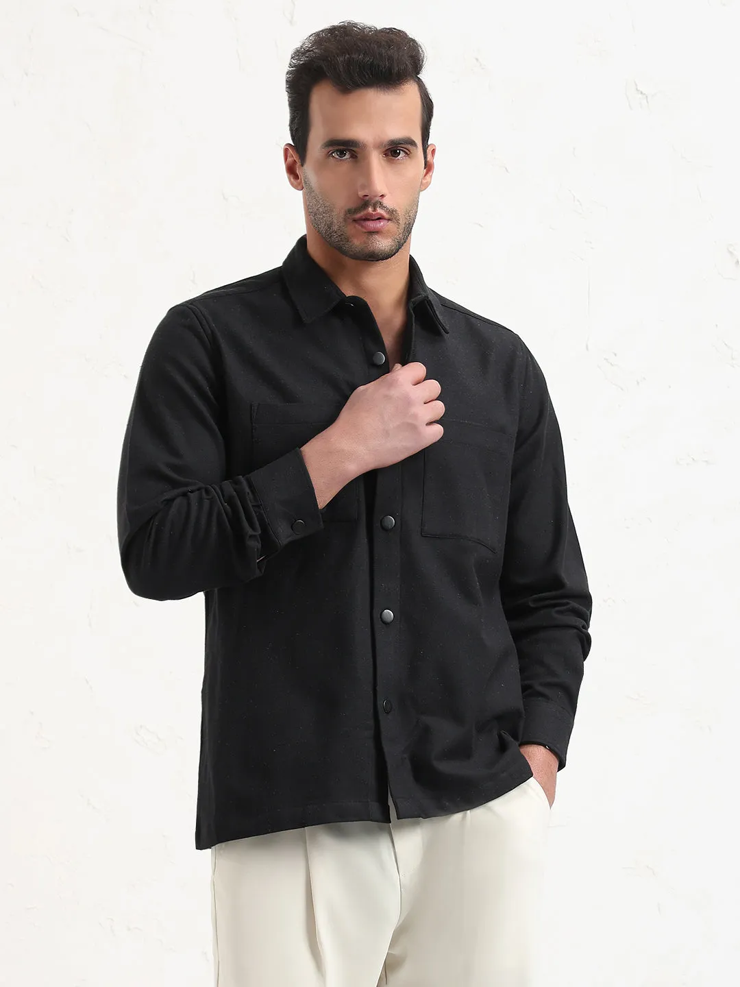 Men's Black Relaxed Fit Shacket Comfortable Look