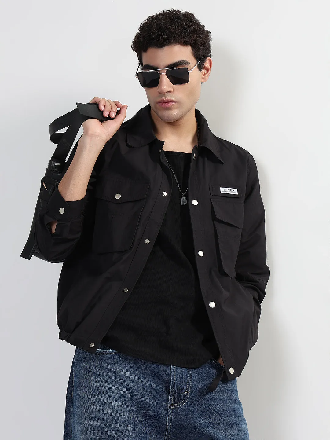Men's Black Snap Button Shacket with Pockets Smooth Jersey Texture