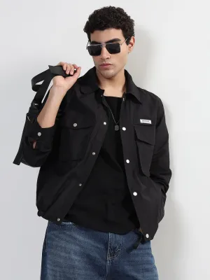 Men's Black Snap Button Shacket with Pockets Smooth Jersey Texture