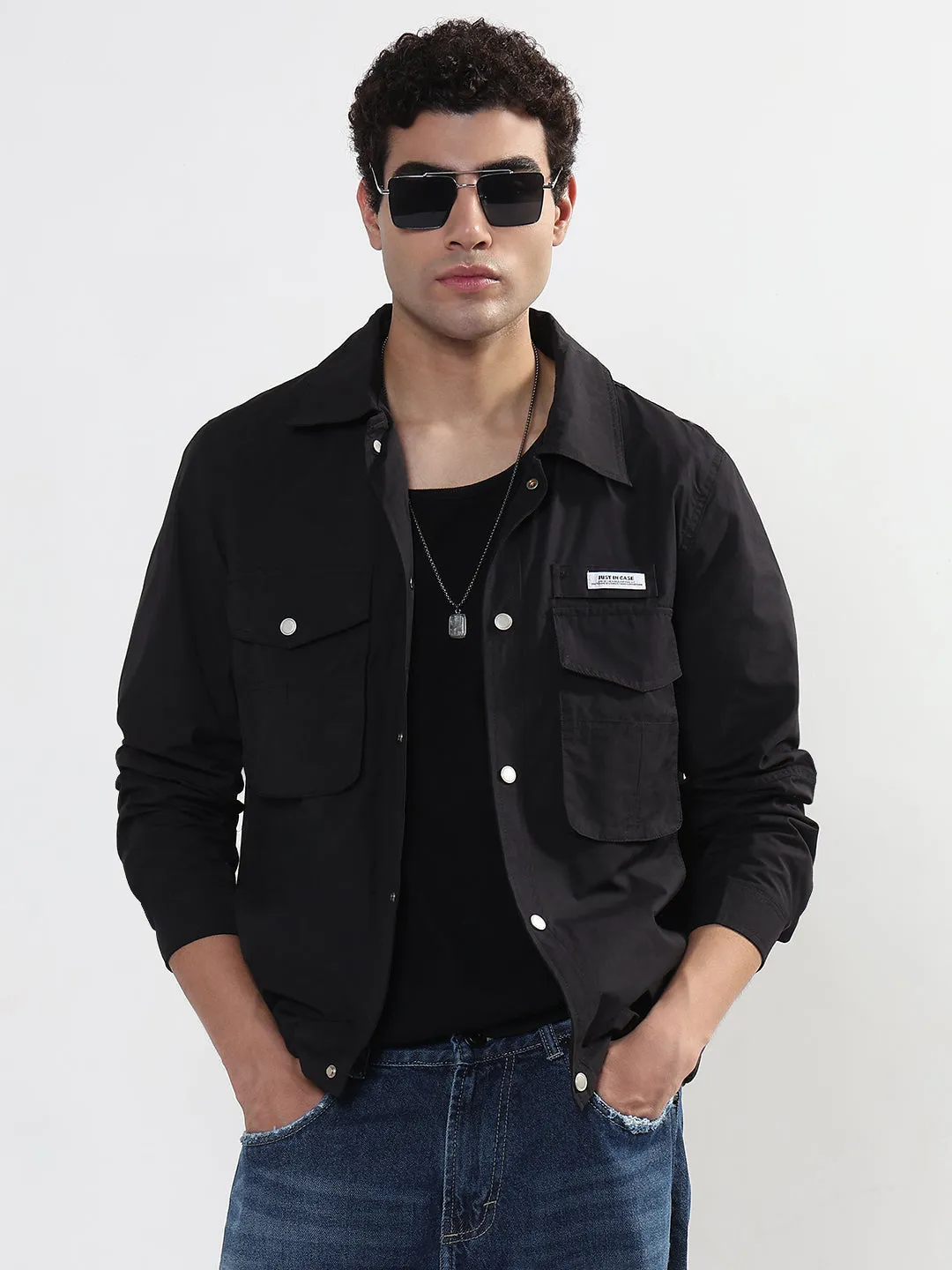Men's Black Snap Button Shacket with Pockets Chic Style Trend Seasonal Fashion