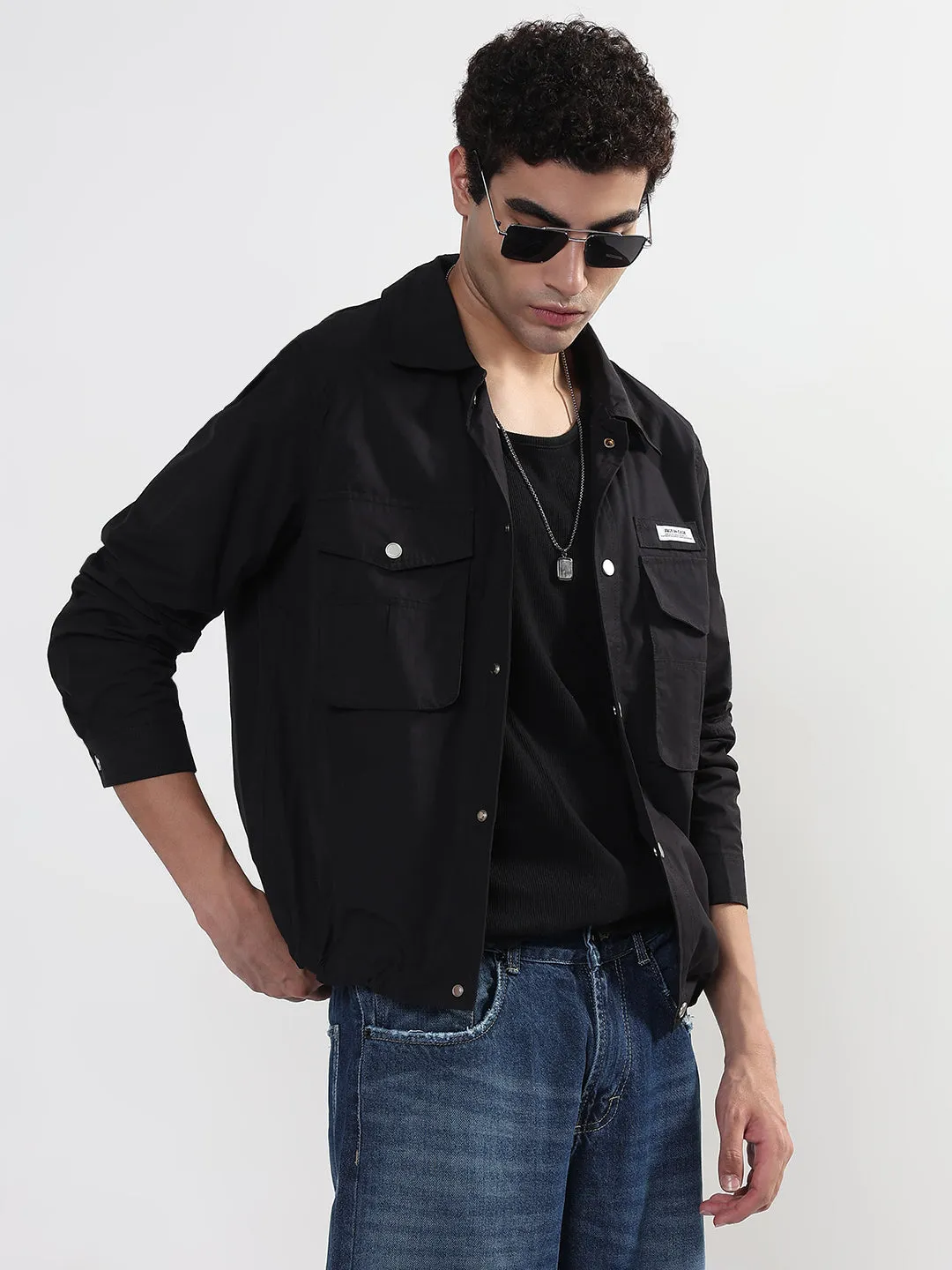 Men's Black Snap Button Shacket with Pockets Denim combination