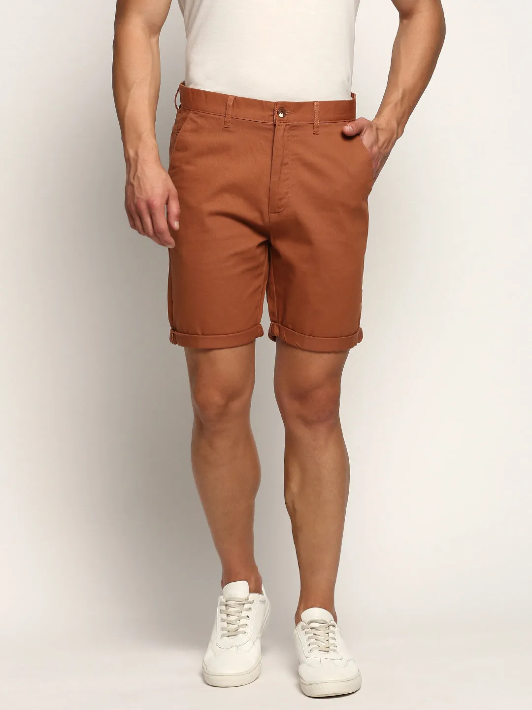 Men's Brown Mid Rise Cotton Shorts UPFProtection