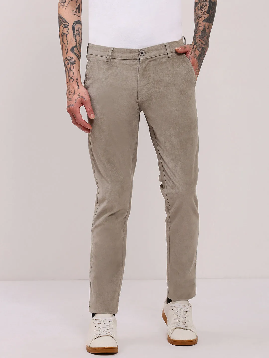 Sporty Chic Hygienic Coating Men's Grey Comfort Slim Fit Cotton Trousers