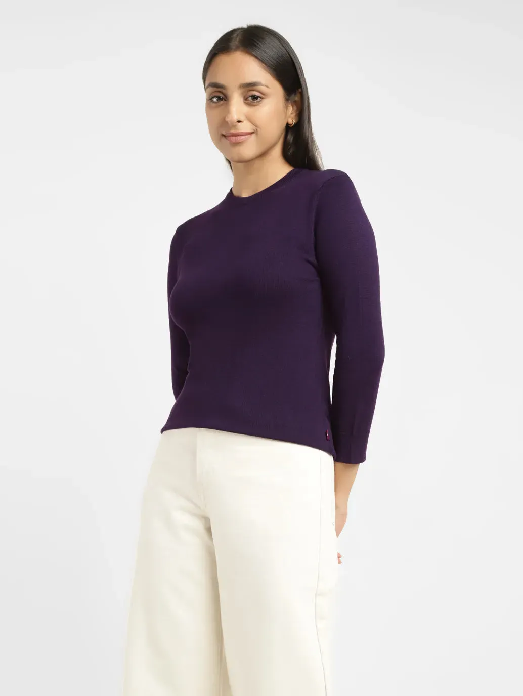 Women's Solid Purple Crew Neck Sweater Fall Ready