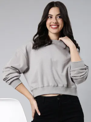 Women's Grey Embellished Round Neck Long Sleeves Cotton Crop Pullover Sweatshirt Cold Layer