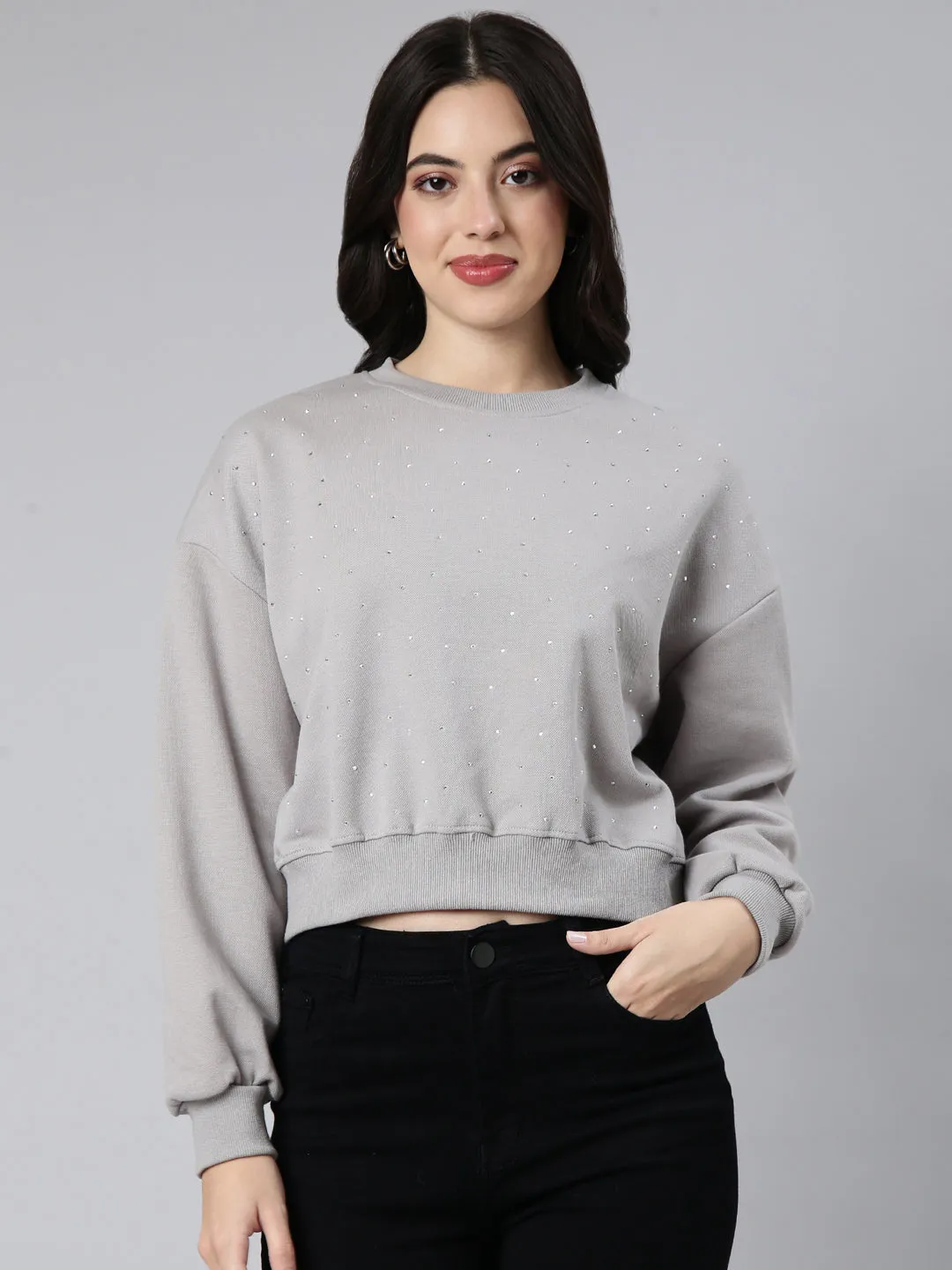 Women's Grey Embellished Round Neck Long Sleeves Cotton Crop Pullover Sweatshirt Adventure Ready