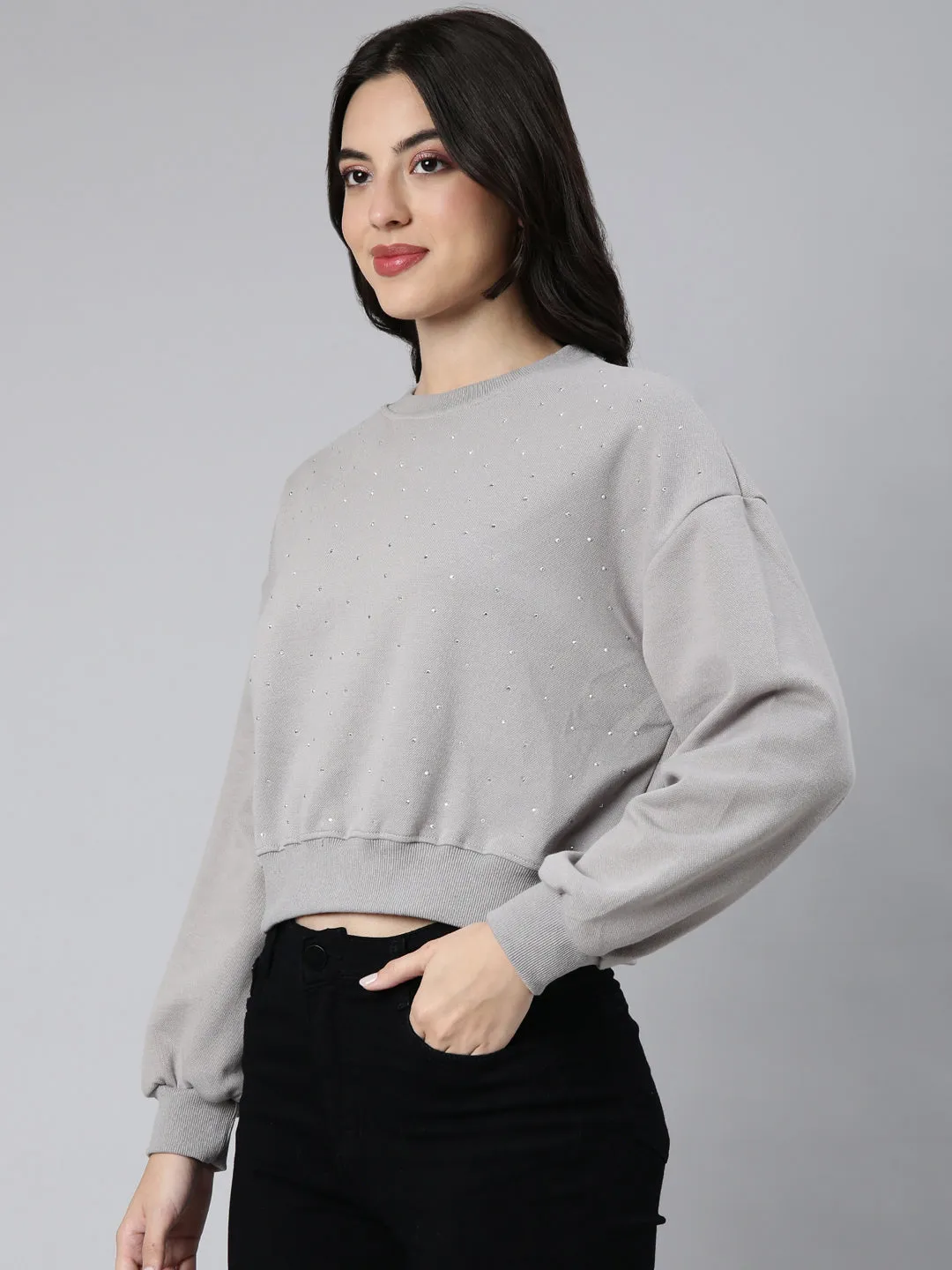 Comfortable Fashion Women's Grey Embellished Round Neck Long Sleeves Cotton Crop Pullover Sweatshirt