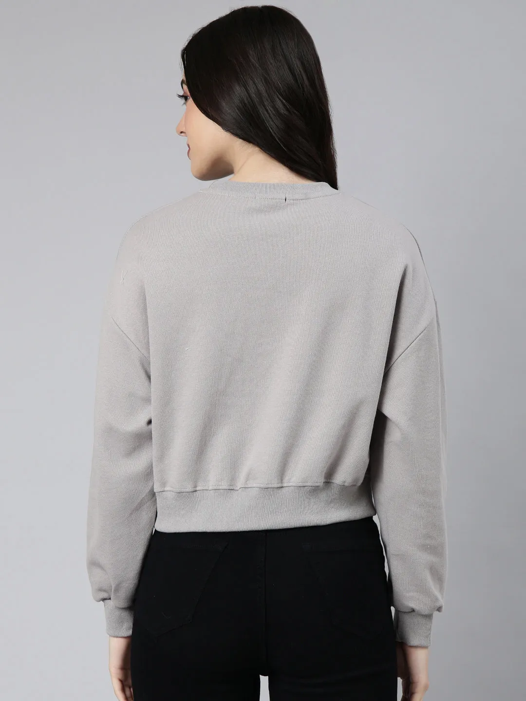 All Purpose Layer product thermal lining insulation Women's Grey Embellished Round Neck Long Sleeves Cotton Crop Pullover Sweatshirt