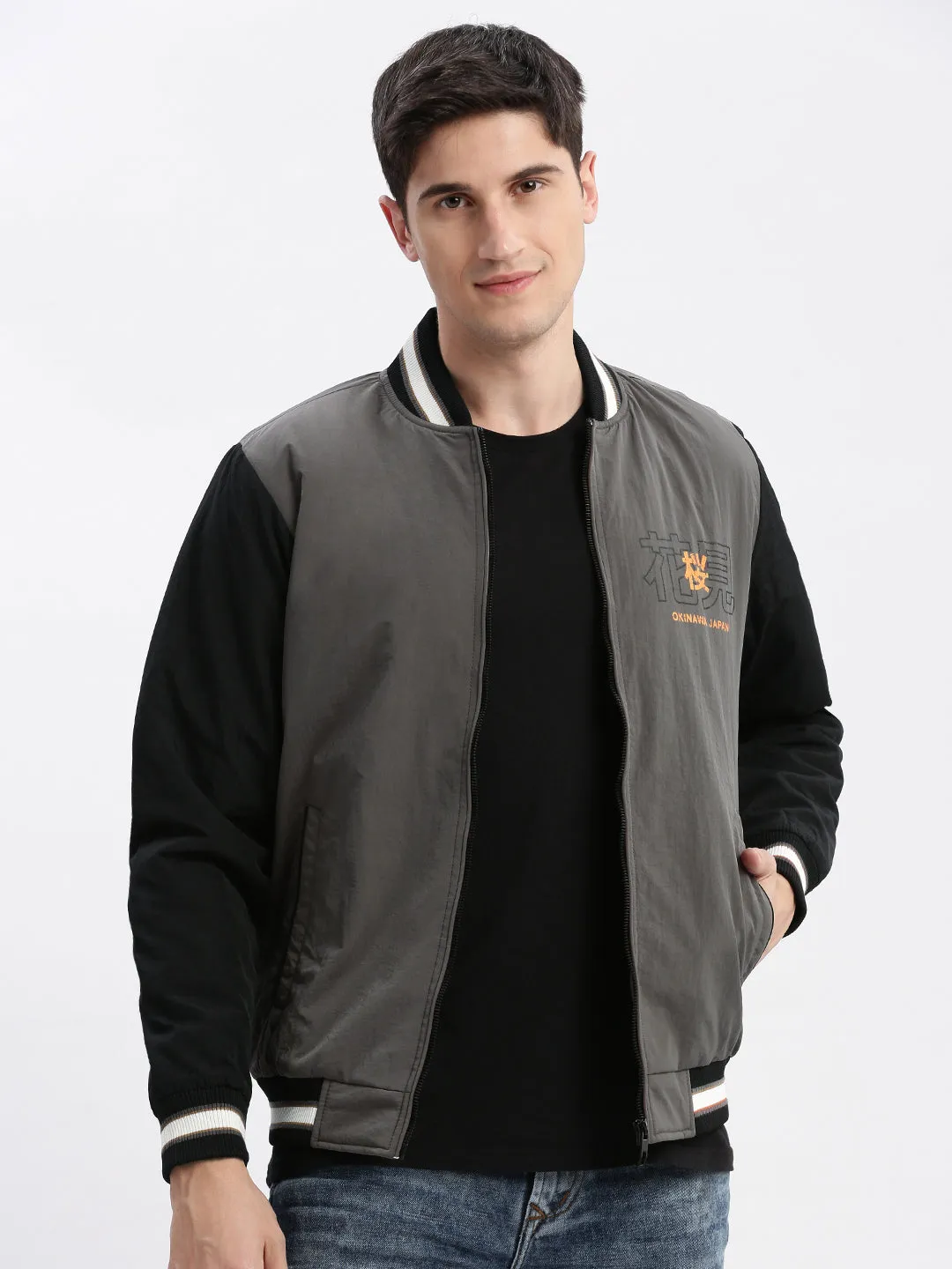 SeamlessBonding Ripstop Technology Men's Colourblocked Mandarin Collar Grey Bomber Jacket