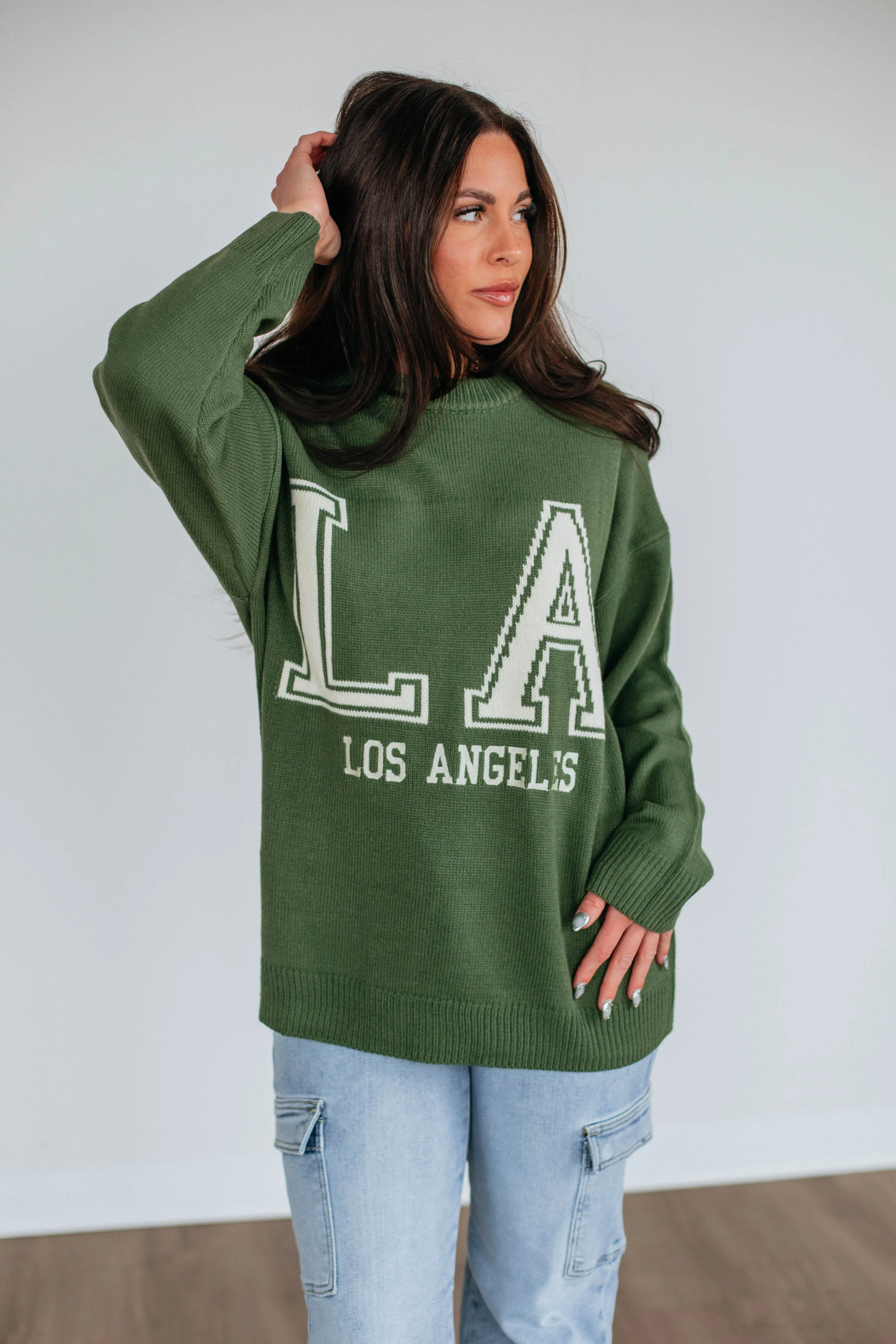 Plush Inner Lining DropShoulder Design Los Angeles Knit Sweater