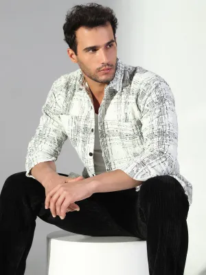 Men's Abstract Checked White Shacket Chill Comfort Wear Summer Casual