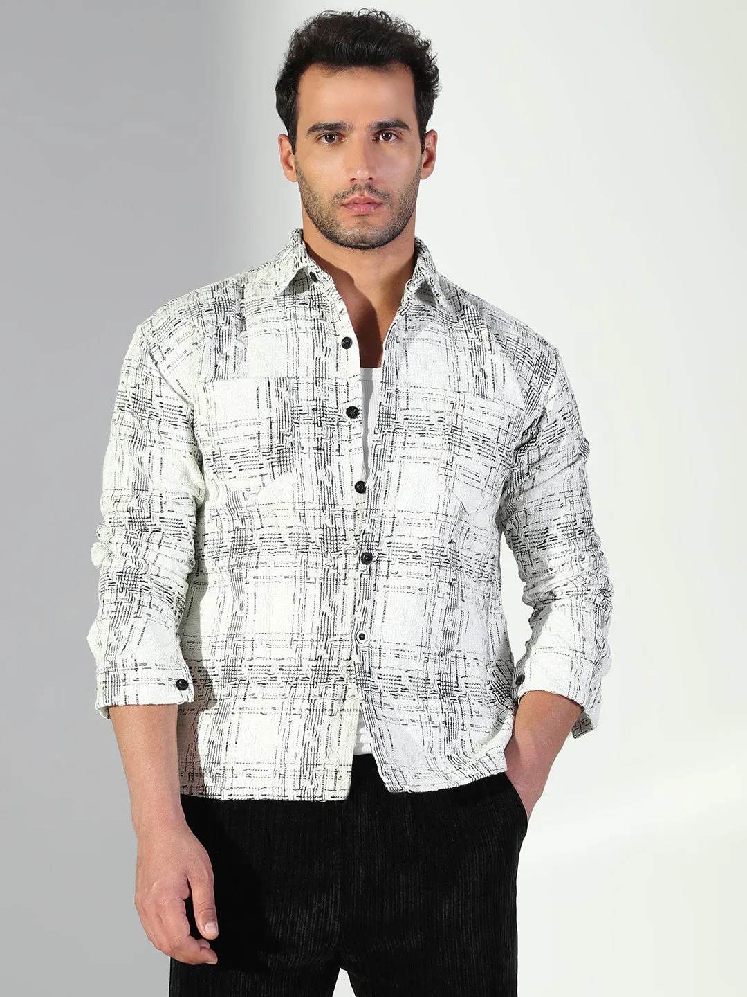 Men's Abstract Checked White Shacket Office Attire Classic Layer Wear