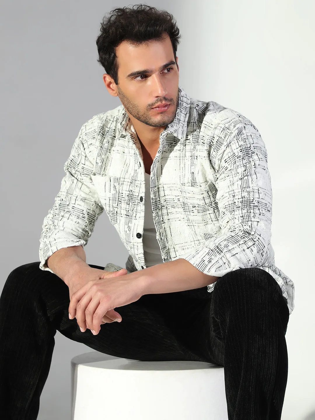 Men's Abstract Checked White Shacket Chill Comfort Wear Summer Casual