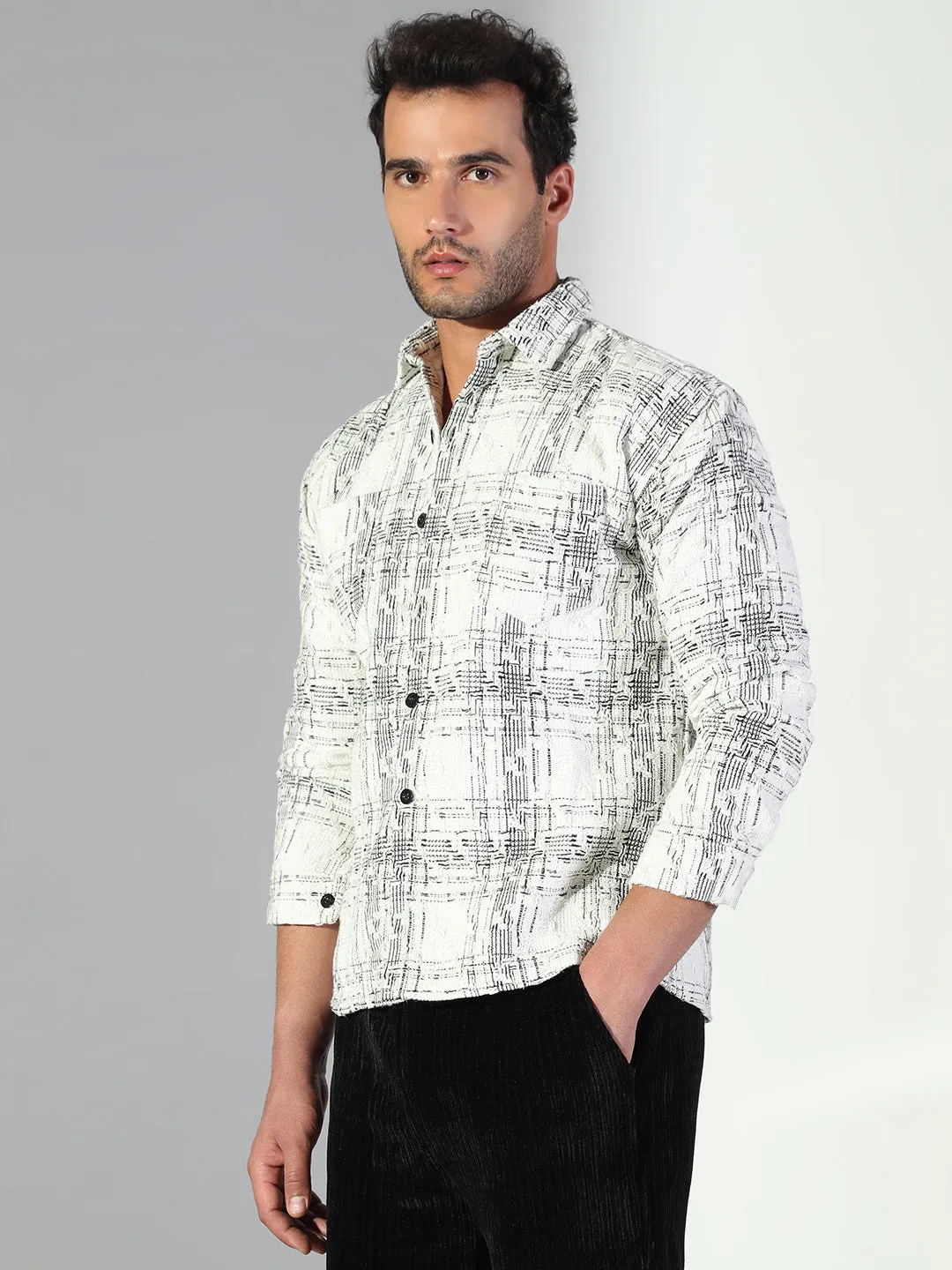 Men's Abstract Checked White Shacket Retro
