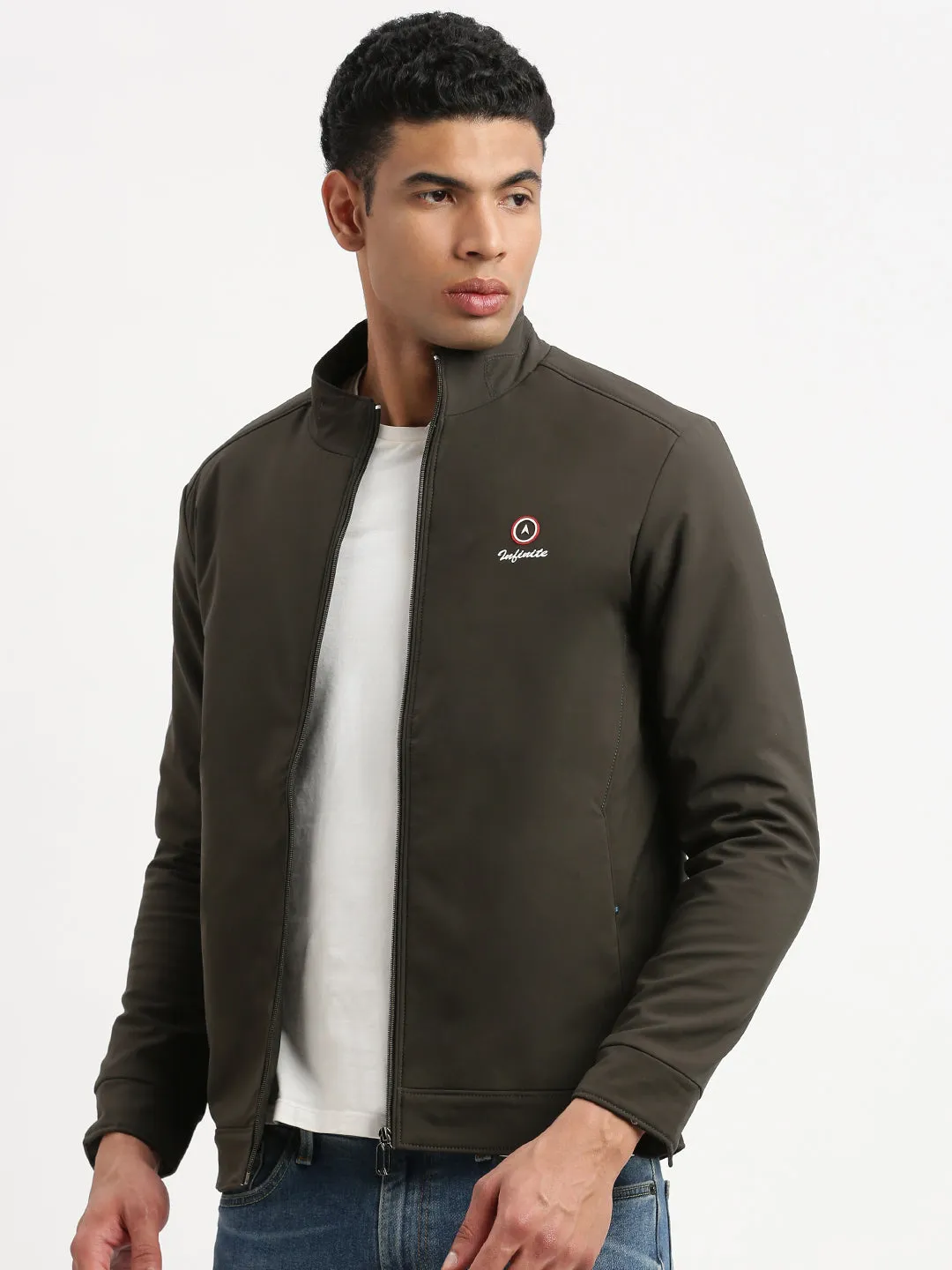 Men's Long Sleeves Mock Collar Olive Solid Casual Bomber Jacket Packable Technology Cold Season