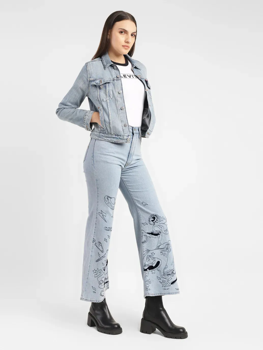 Neutral Daily Wear Adult Fashion Lightweight Denim Women's Blue Ribcage Bell Bottom Wide Leg Fit High Rise Jeans