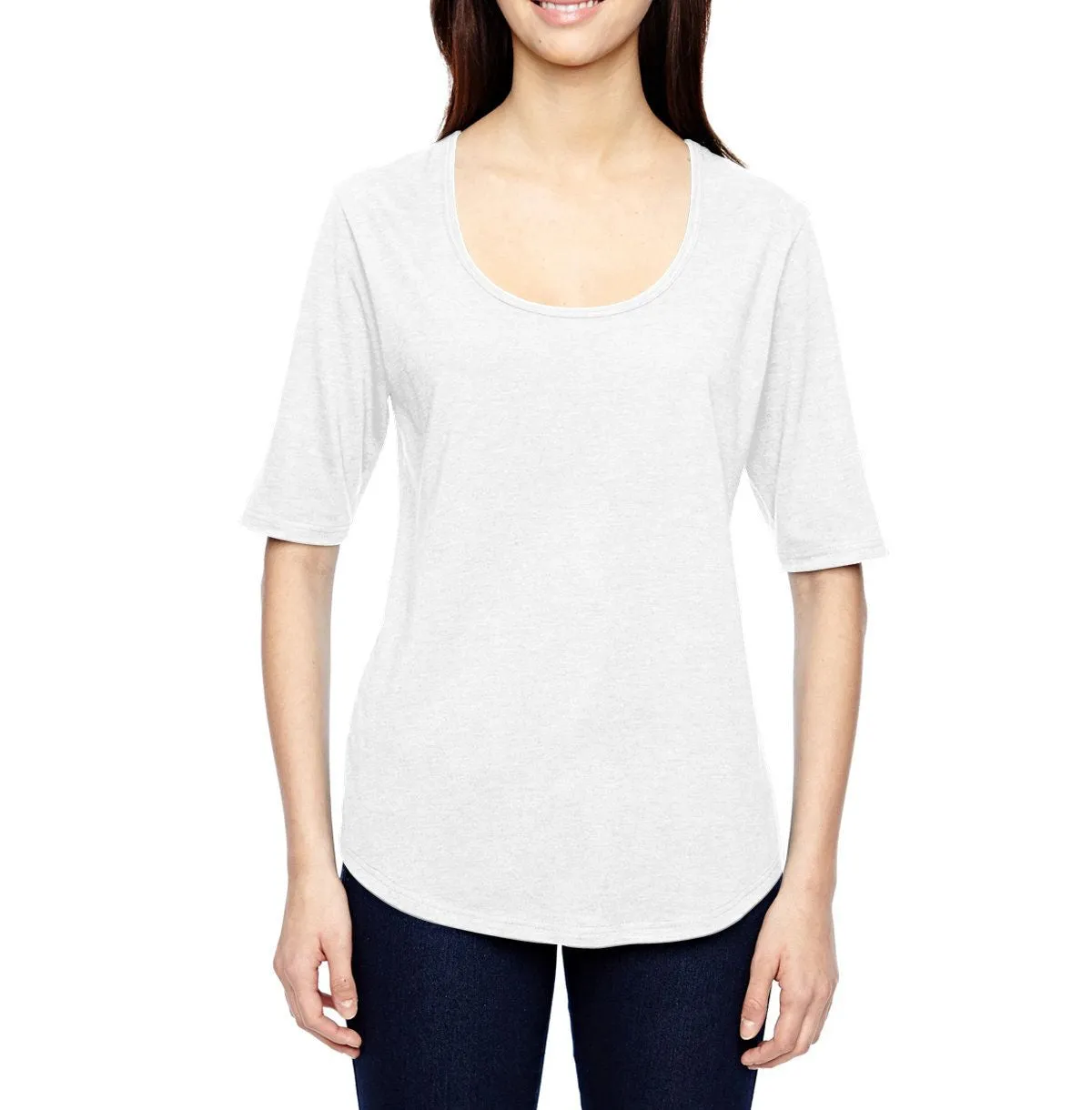 Reversible Design Concept Collared JustBlanks Ladies 1/2 Sleeve Deep Scoop Neck Tri-Blend T-Shirt