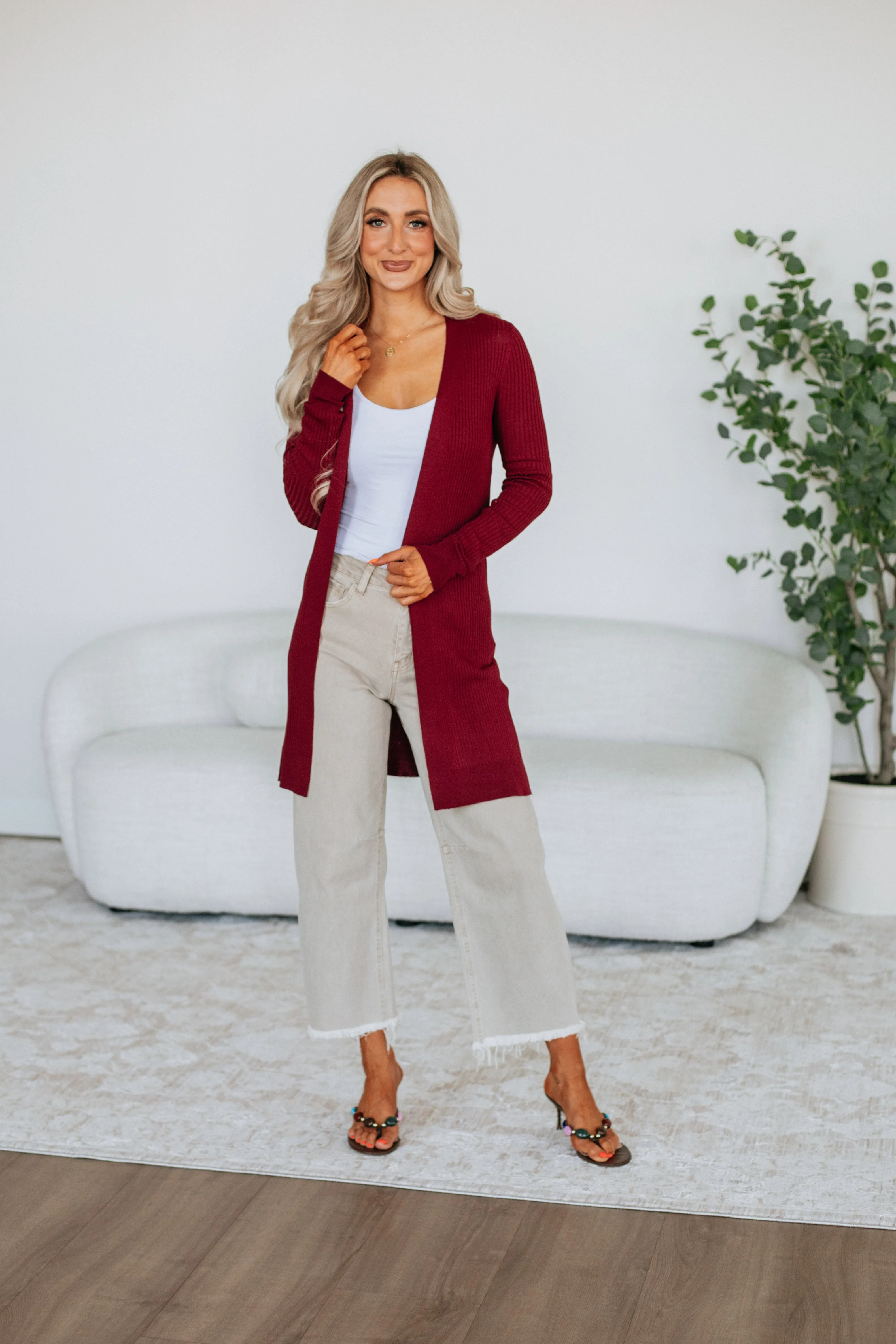 Chic Comforted Daily Casual Style Maylin Ribbed Cardigan - Merlot