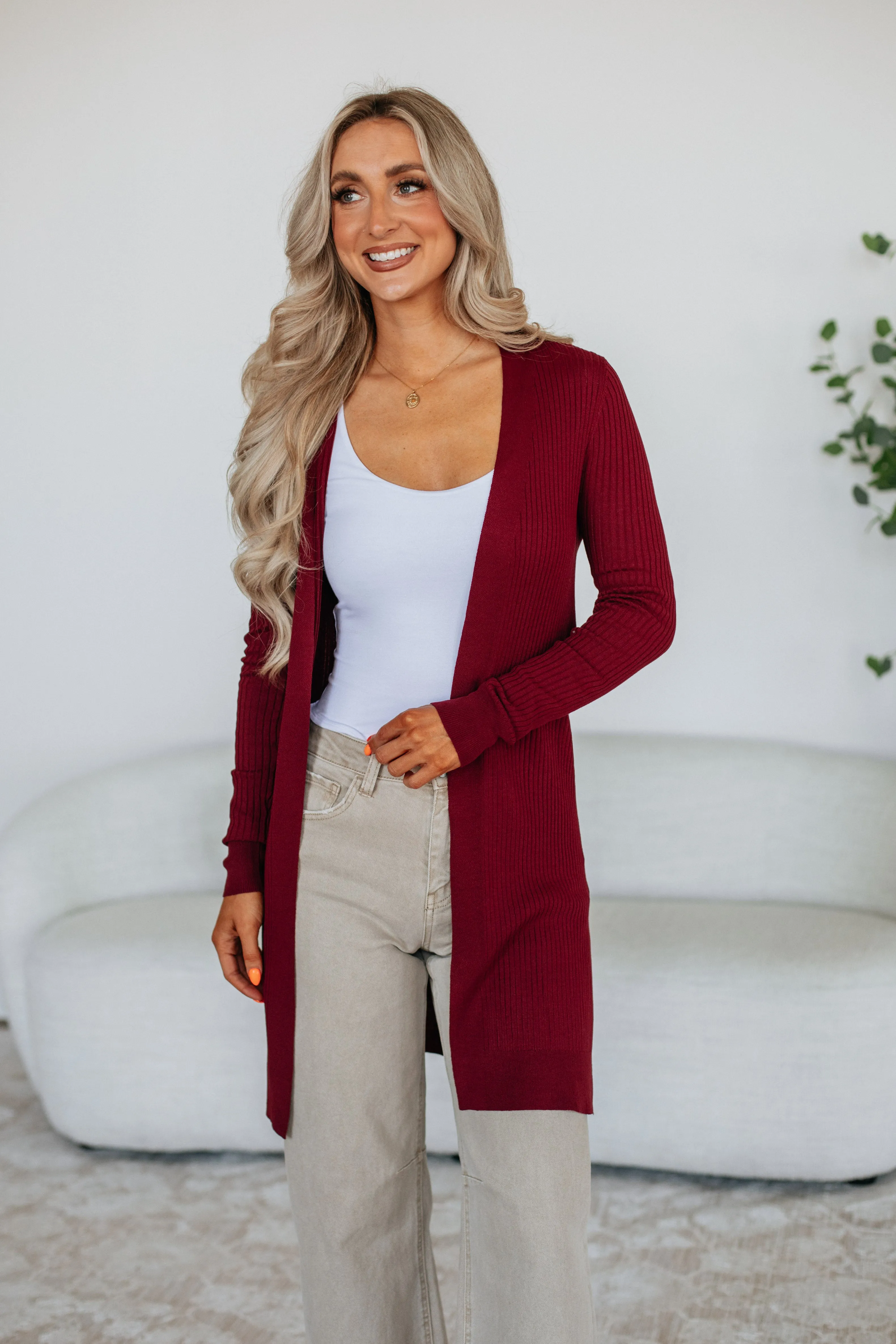 Compression Knit Support Maylin Ribbed Cardigan - Merlot