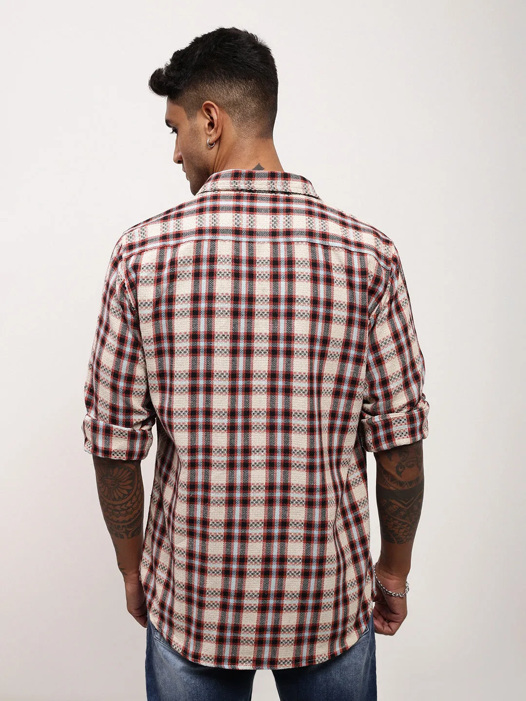 Men's Beige Checked Shacket AntiStaticFinish Sporty Flex