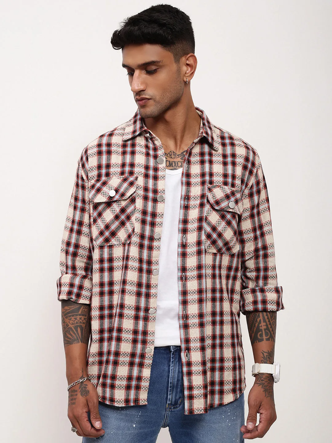Men's Beige Checked Shacket Eco Friendly Fabric