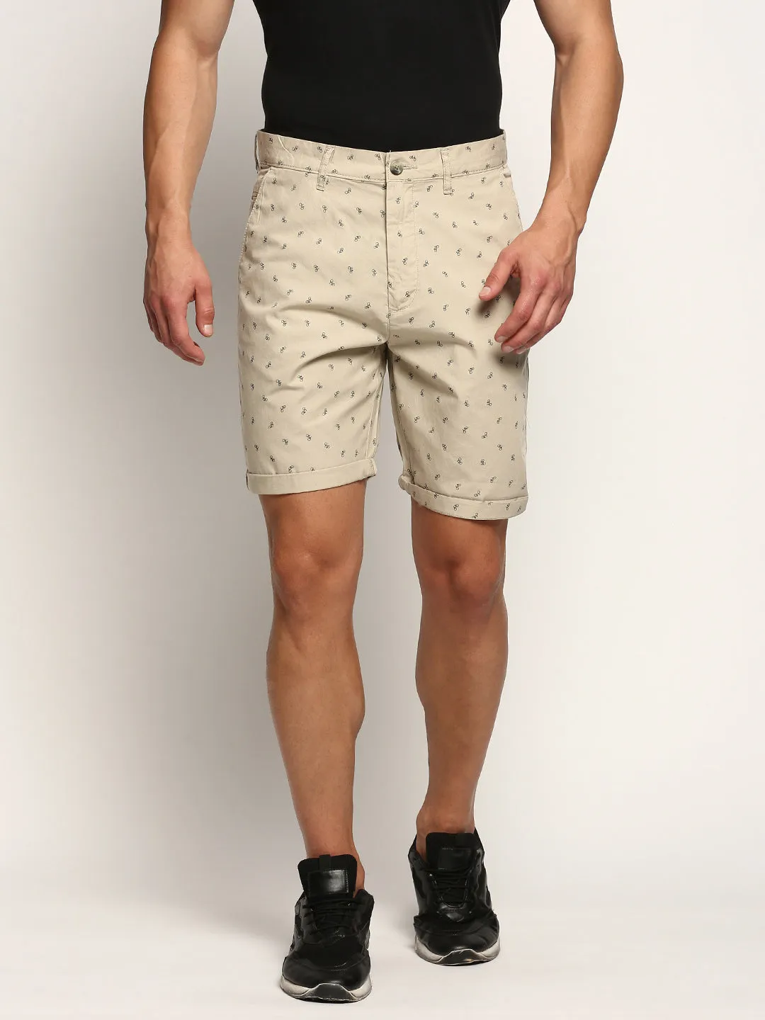 Soft Elastic Quick Access Zip Pockets Men's Beige Conversational Printed Cotton Shorts