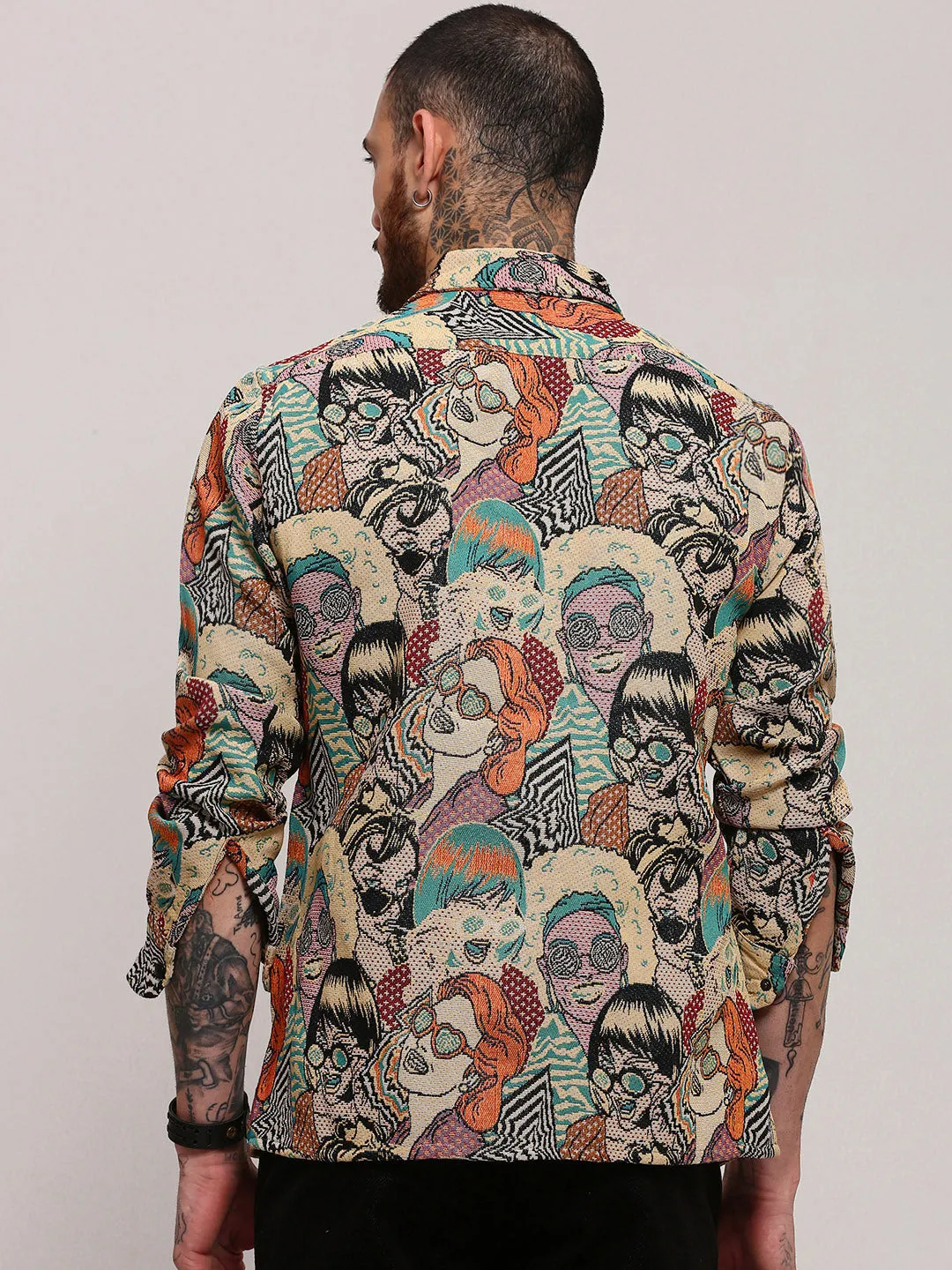 Men's Beige Graphic Printed Shacket EcoFriendlyMaterial mix and match