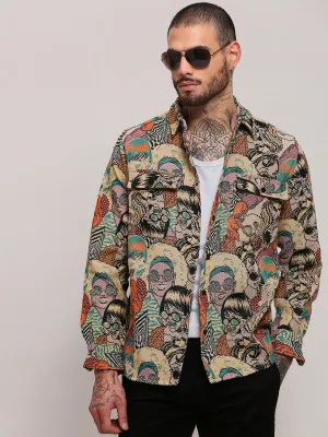 Geometric Print Seasonal Staple Men's Beige Graphic Printed Shacket