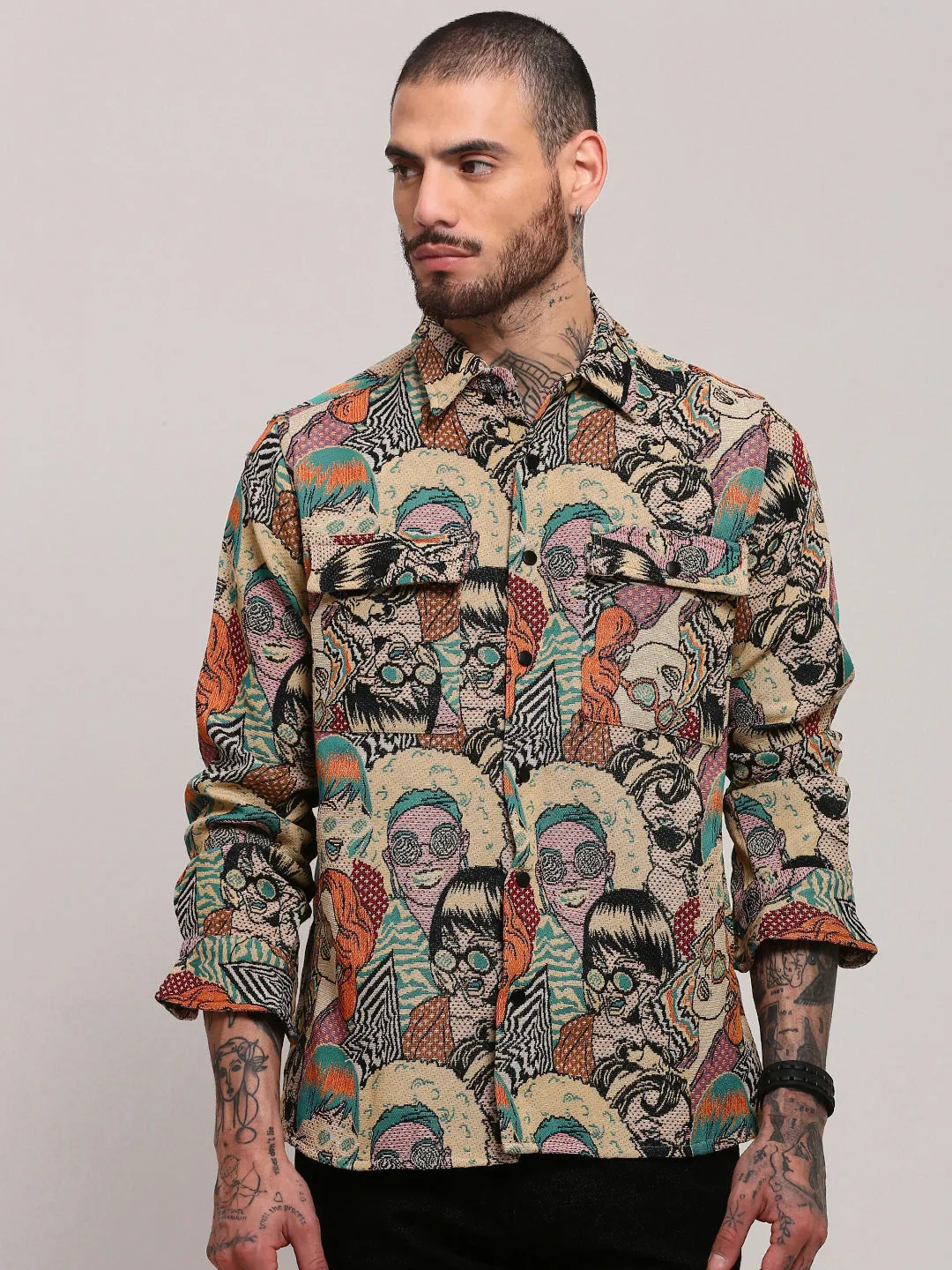 Easy and Relaxed Active Comfort Men's Beige Graphic Printed Shacket