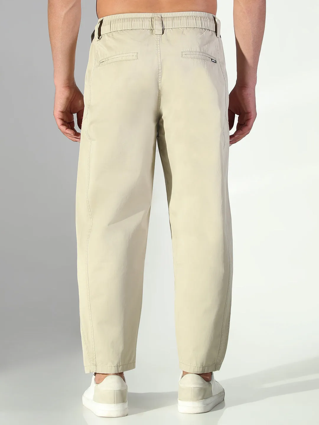 Men's Beige Korean Trousers with Drawstrings CompressionSupport Performance Fit