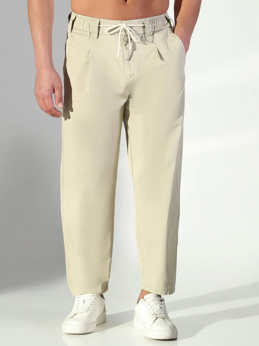 Men's Beige Korean Trousers with Drawstrings Versatile Wearable Flattering Design