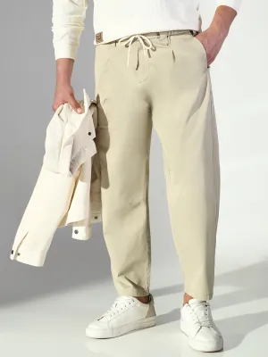 Comfort Wear Fit Polished Look Men's Beige Korean Trousers with Drawstrings