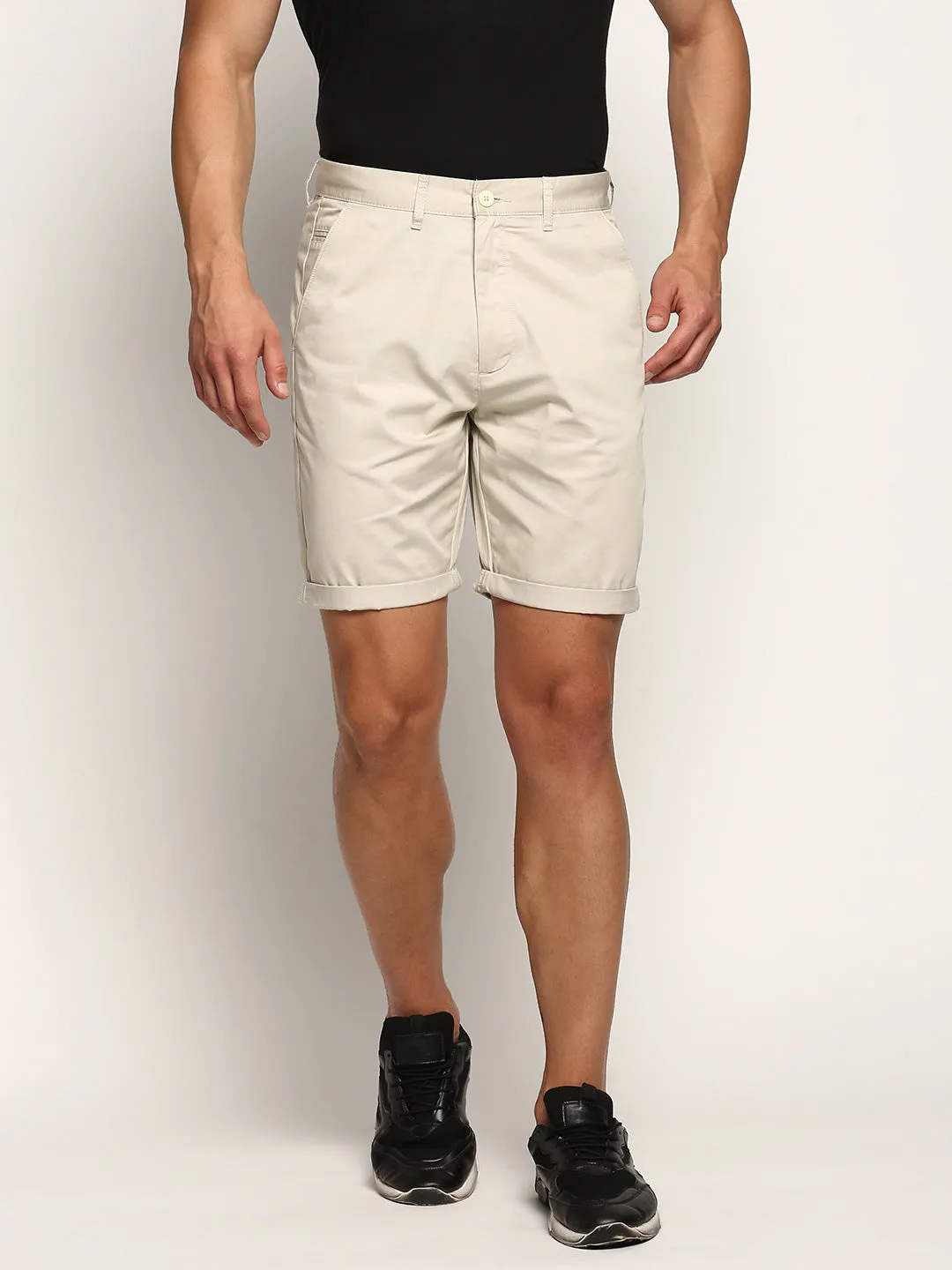 Men's Beige Mid Rise Cotton Chinos Shorts Soft Stretch Motion Support