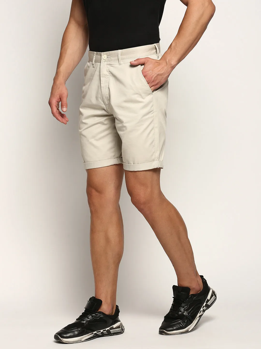 Men's Beige Mid Rise Cotton Chinos Shorts Freestyle Comfort Punk style