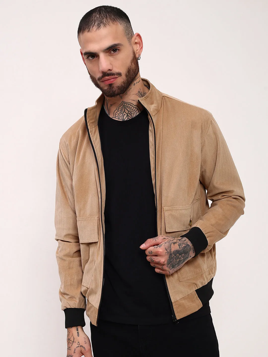 Packable Construction Men's Beige Solid Bomber Jacket