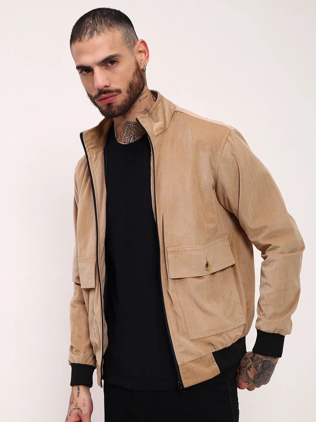 Men's Beige Solid Bomber Jacket Teflon Finish