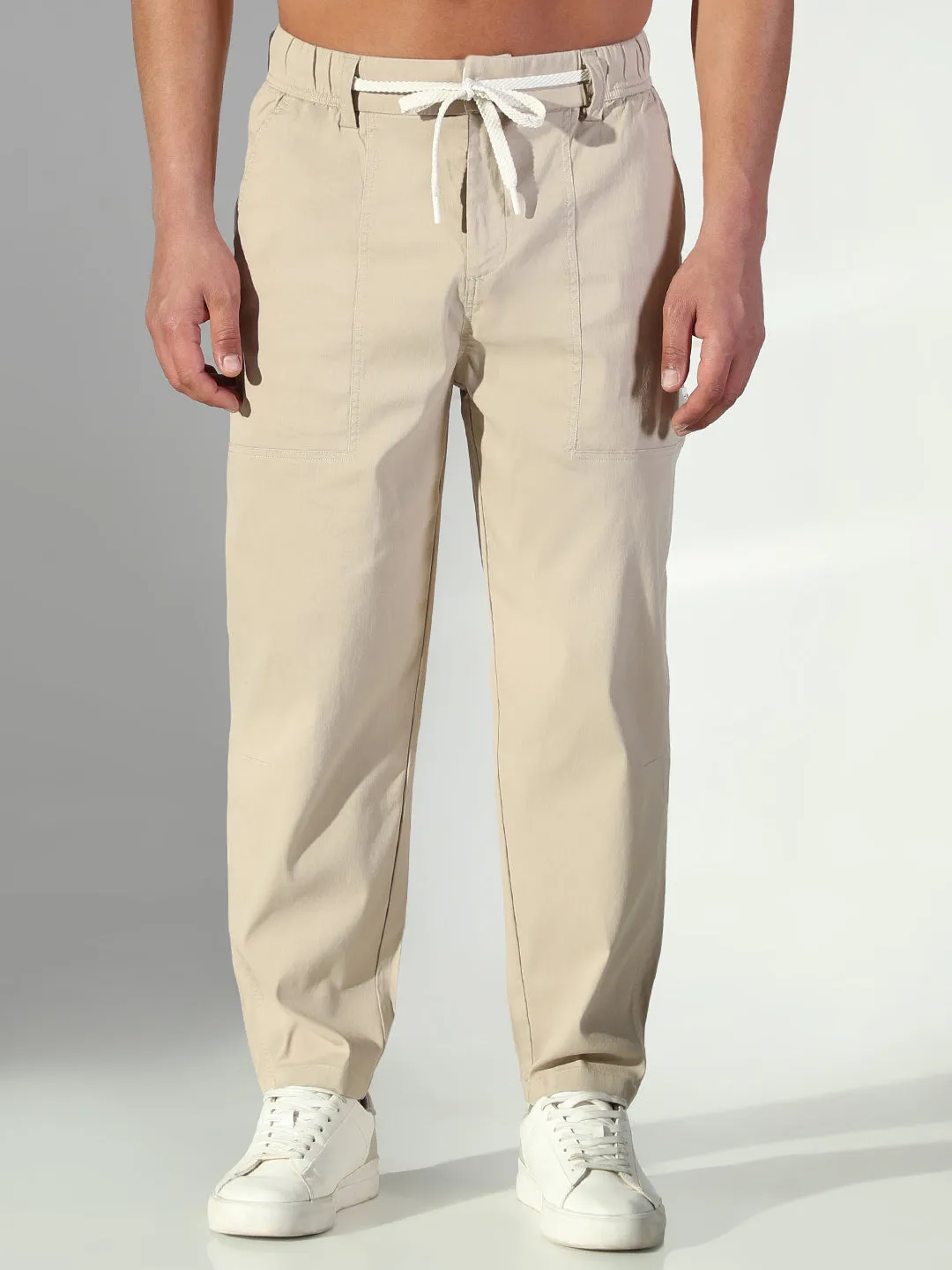 Men's Beige Solid Korean Trousers Feminine Cut
