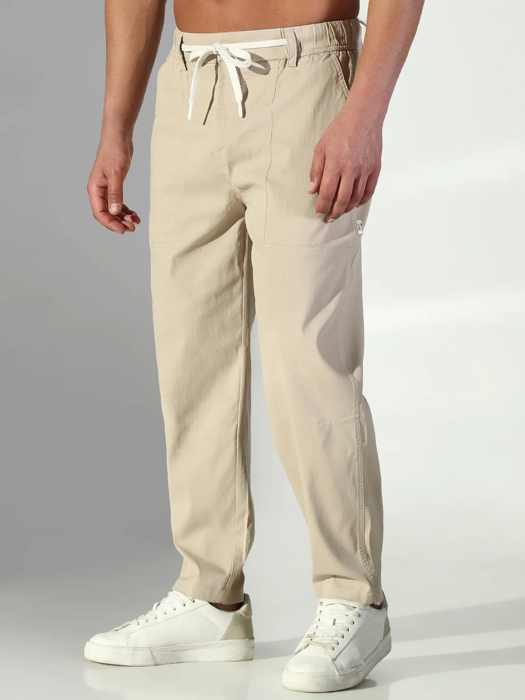 Men's Beige Solid Korean Trousers Sporty Layers