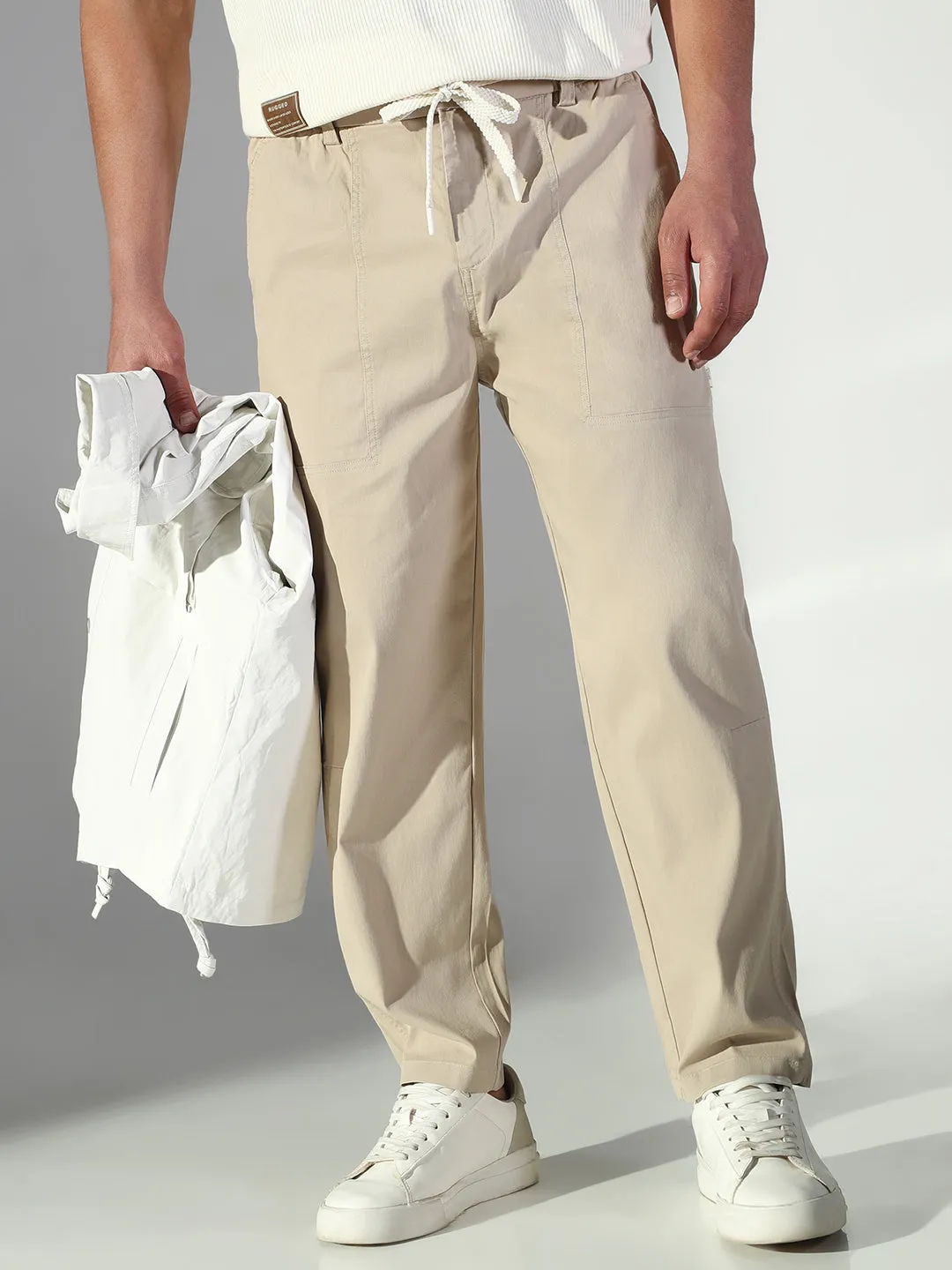 Men's Beige Solid Korean Trousers MoistureWickingLining Quick Dry Fabric