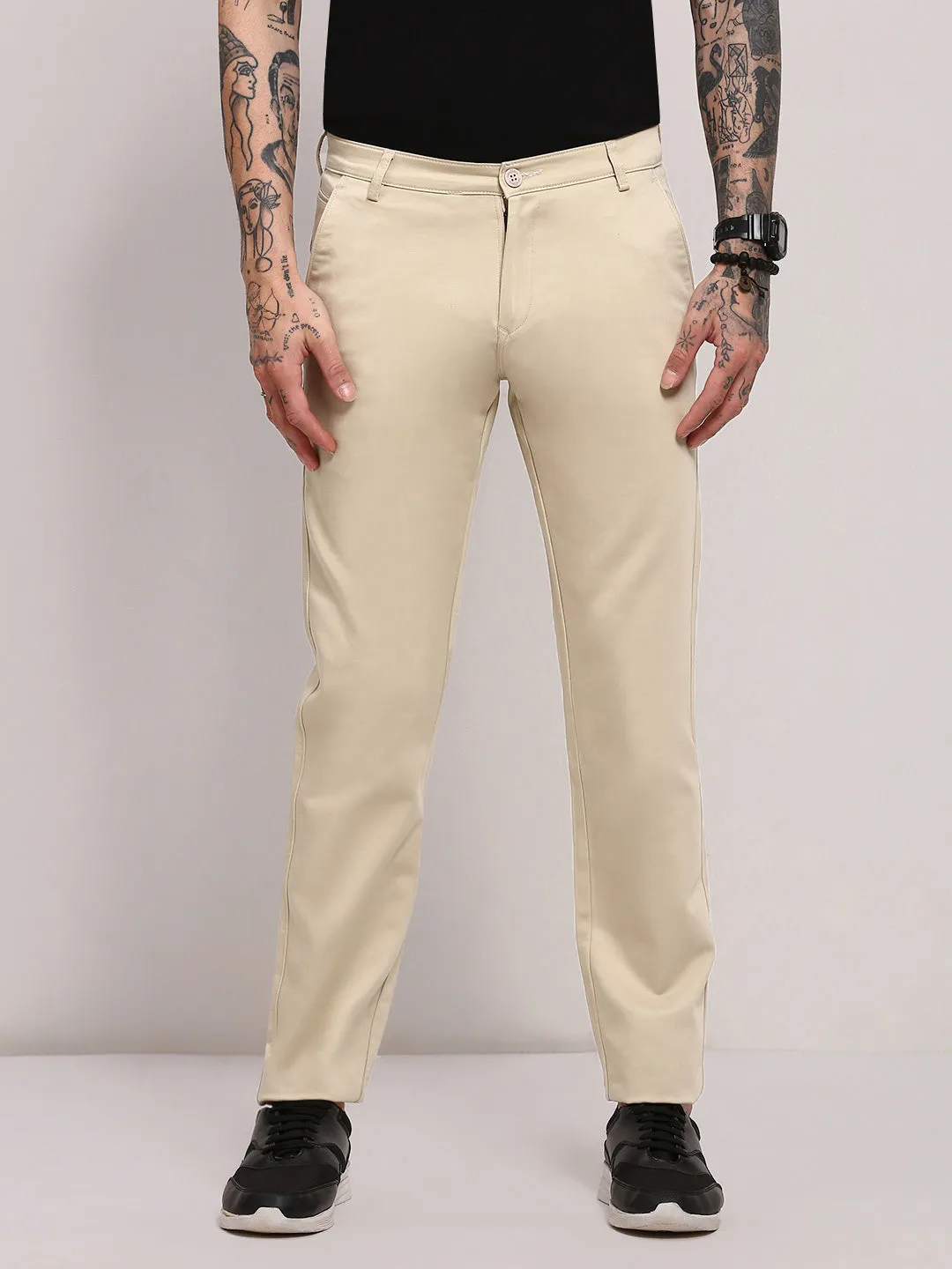 Double Needle Stitching Men's Beige Solid Low-Rise Trousers