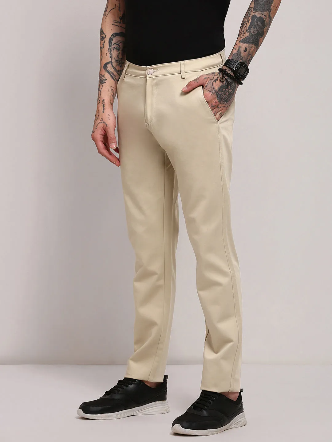 Chill Style Classic Cut Men's Beige Solid Low-Rise Trousers