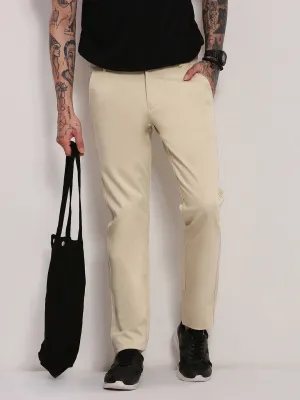 Men's Beige Solid Low-Rise Trousers Fashion Forward