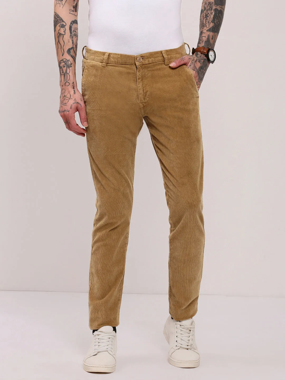 Non-Binding Fit Men's Beige Solid Slim Fit Trousers