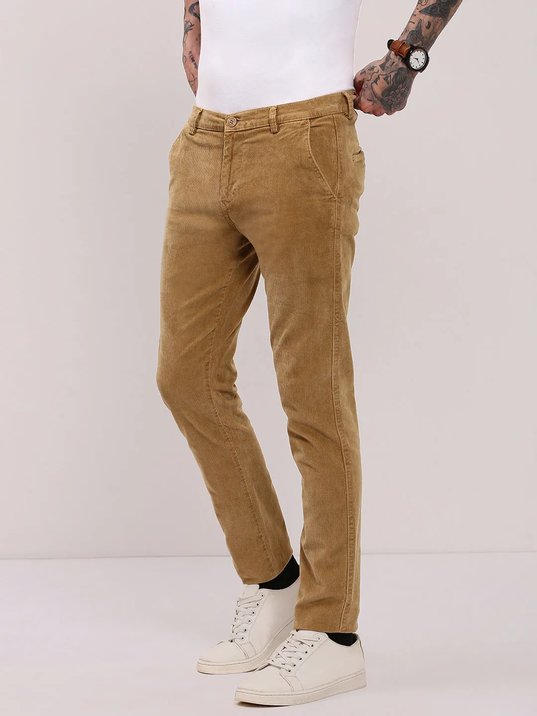 Men's Beige Solid Slim Fit Trousers Side Pockets Relaxed Waist