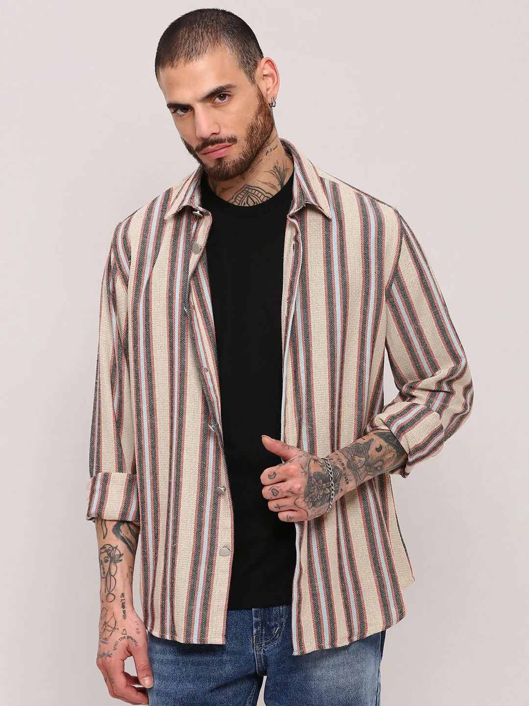 Men's Beige Spread Collar Striped Shacket Smooth Jersey Texture Chill Style