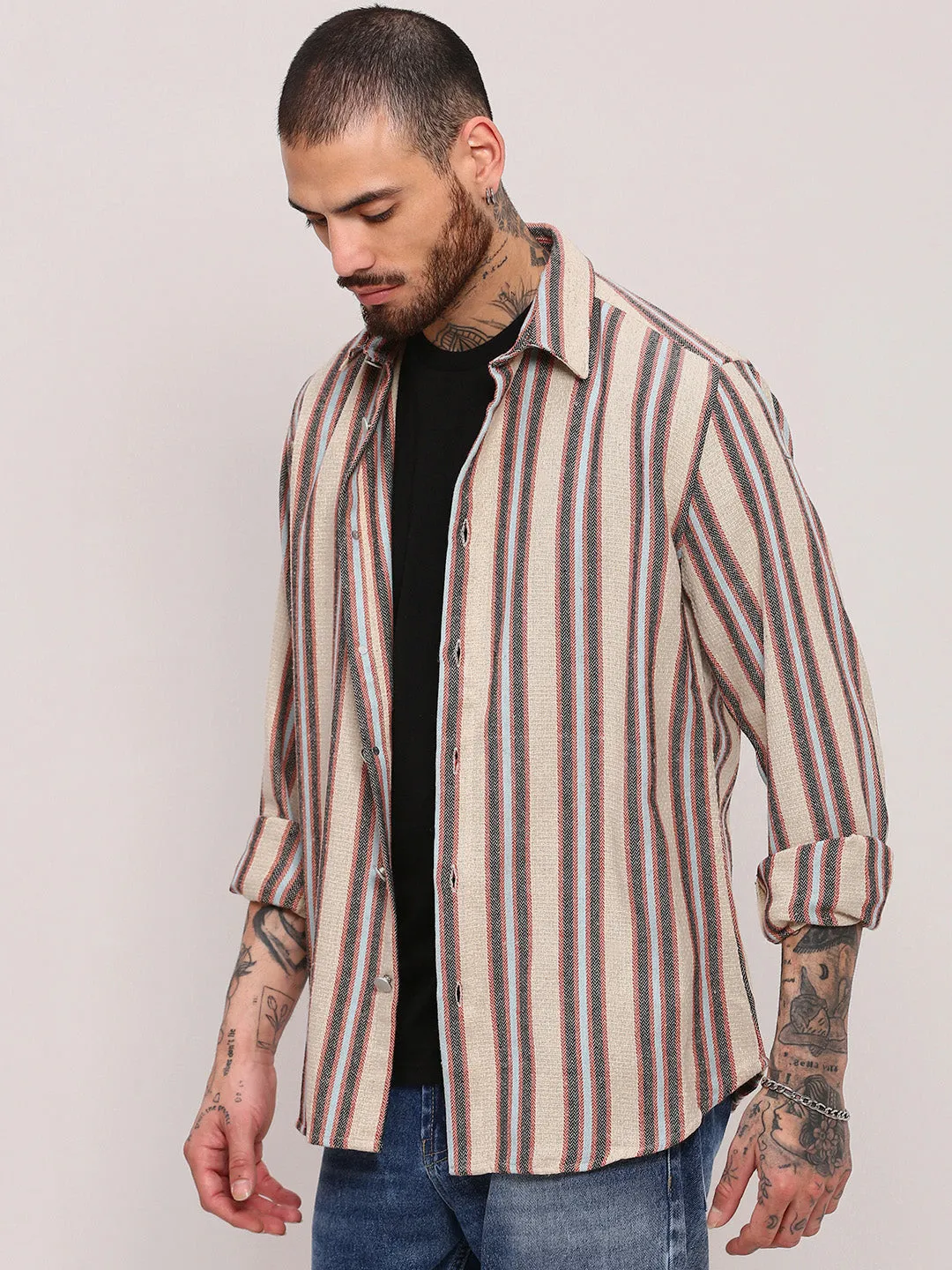 Men's Beige Spread Collar Striped Shacket Perfect For Relaxing Feminine Fit